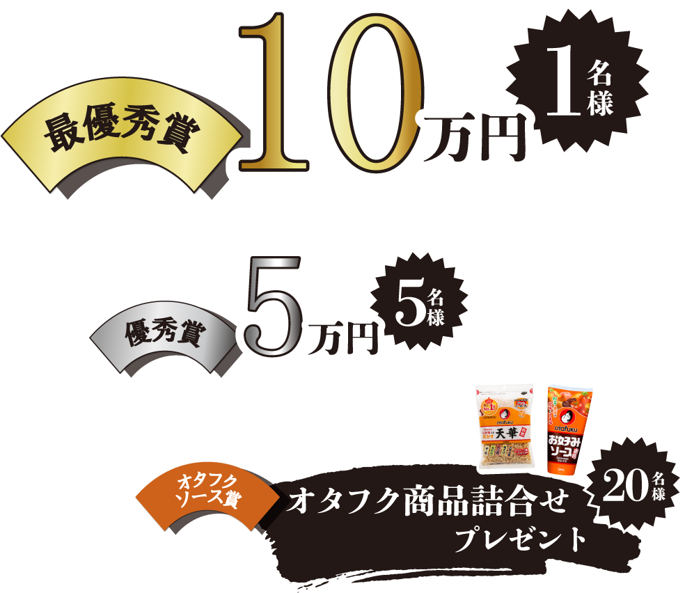 最優秀賞:10万円(1名様)、優秀賞:5万円(5名様)、オタフクソース賞:オタフク商品詰合せプレゼント(20名様)